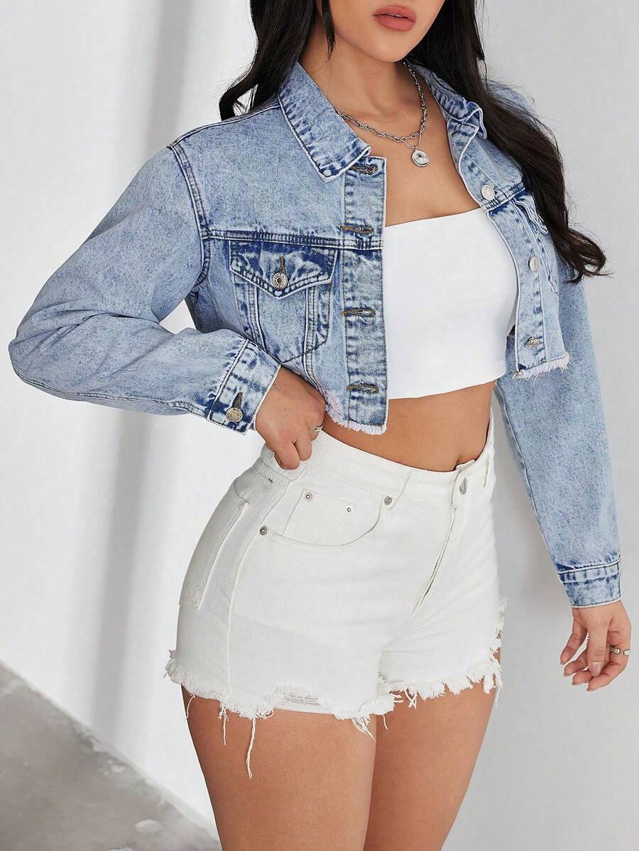 Bridget Frayed Hem Crop Washed Denim Jacket - Light Wash