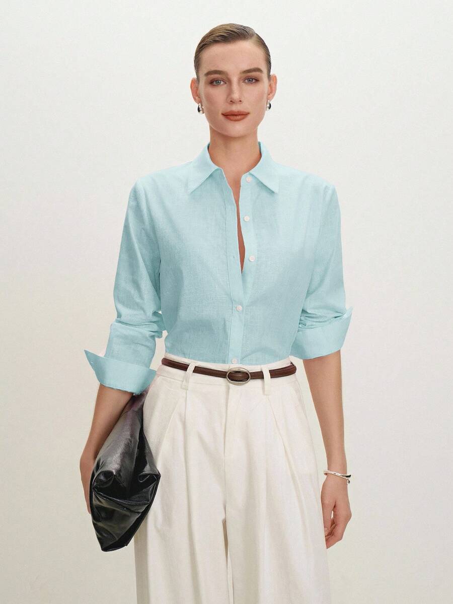 Arabella Classic Collared Button Down Long Sleeve Cotton Shirt - Aqua Blue
