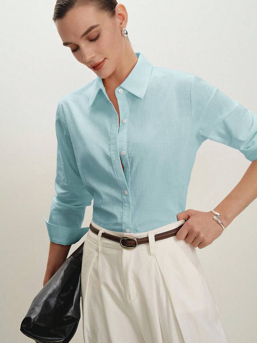 Arabella Classic Collared Button Down Long Sleeve Cotton Shirt - Aqua Blue