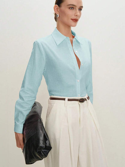 Arabella Classic Collared Button Down Long Sleeve Cotton Shirt - Aqua Blue