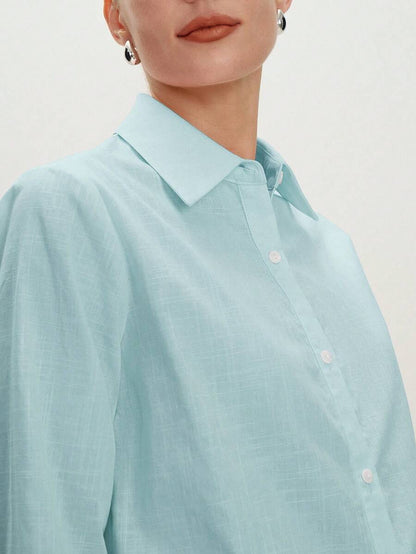 Arabella Classic Collared Button Down Long Sleeve Cotton Shirt - Aqua Blue
