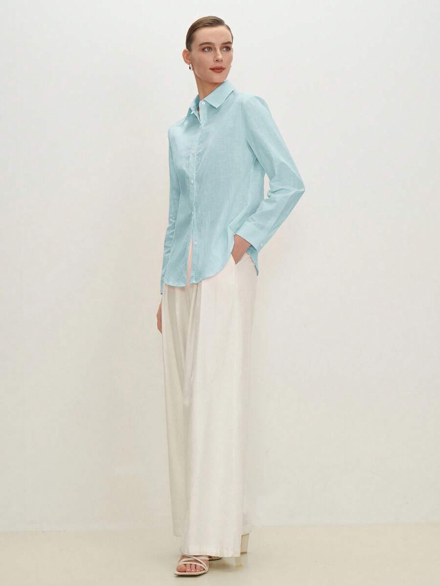 Arabella Classic Collared Button Down Long Sleeve Cotton Shirt - Aqua Blue