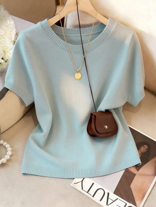 Women's Fine Knit Short Sleeve Top, Crew Neck Sweater Tee for Work and Layering - Baby Blue