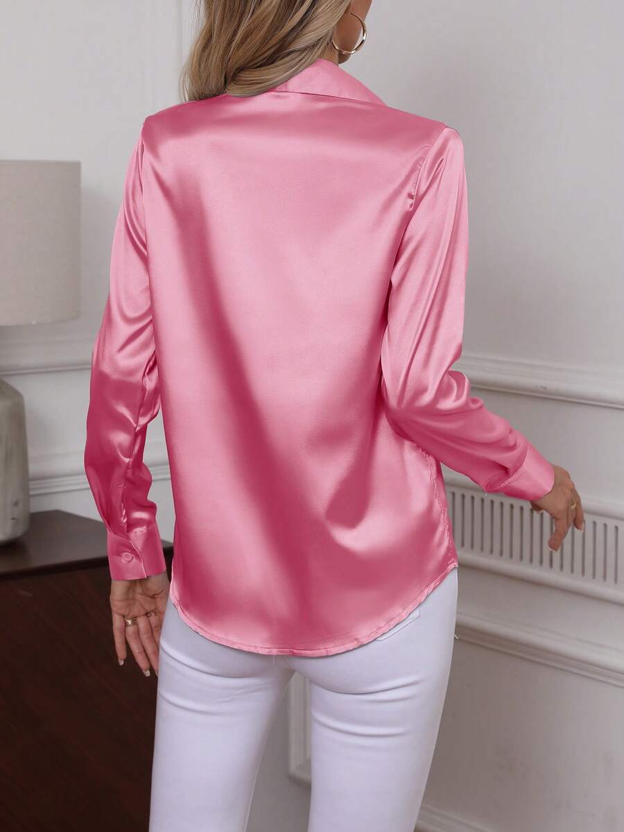 Como Satin Button Up Long Sleeve Blouse