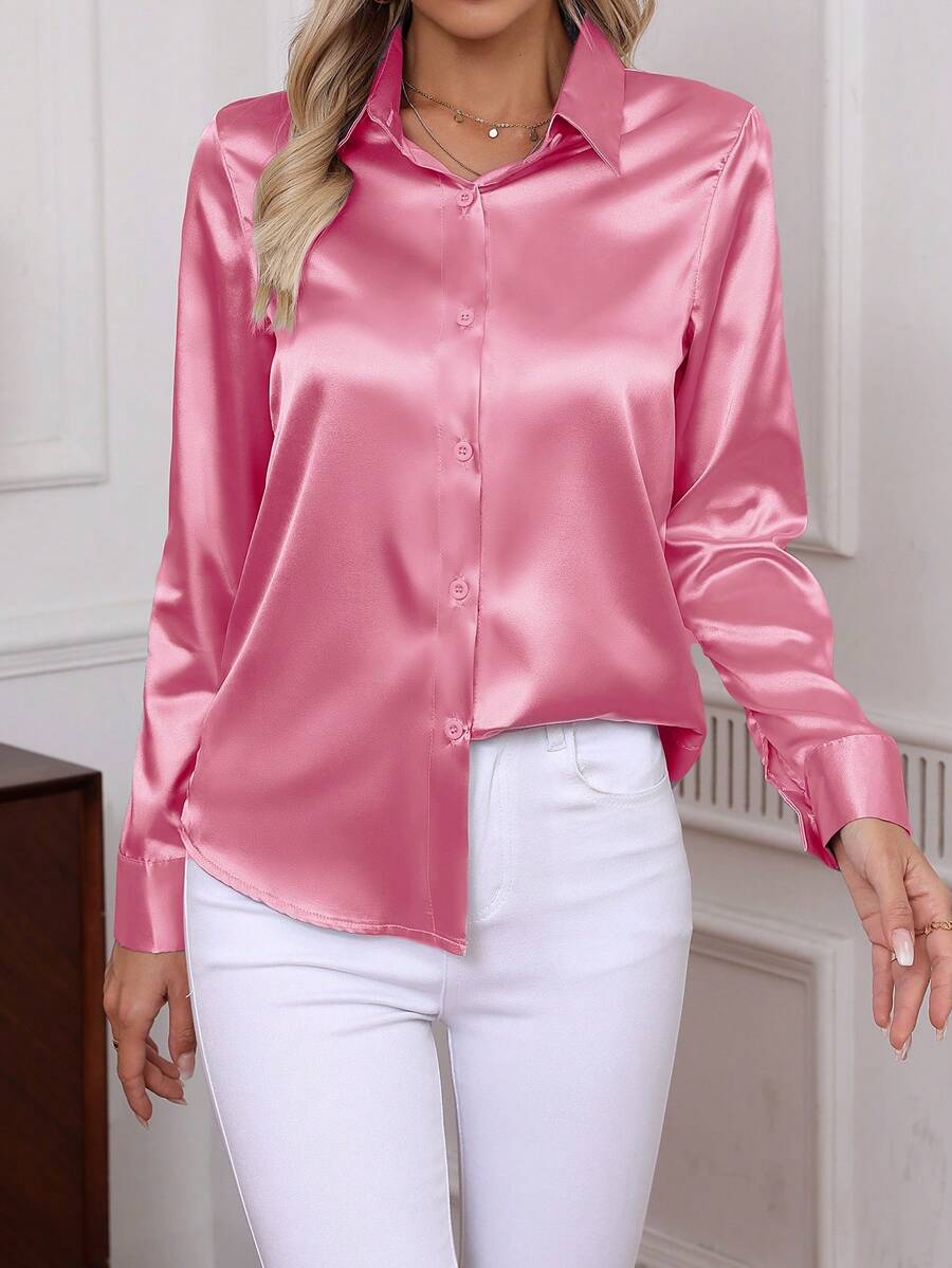 Como Satin Button Up Long Sleeve Blouse