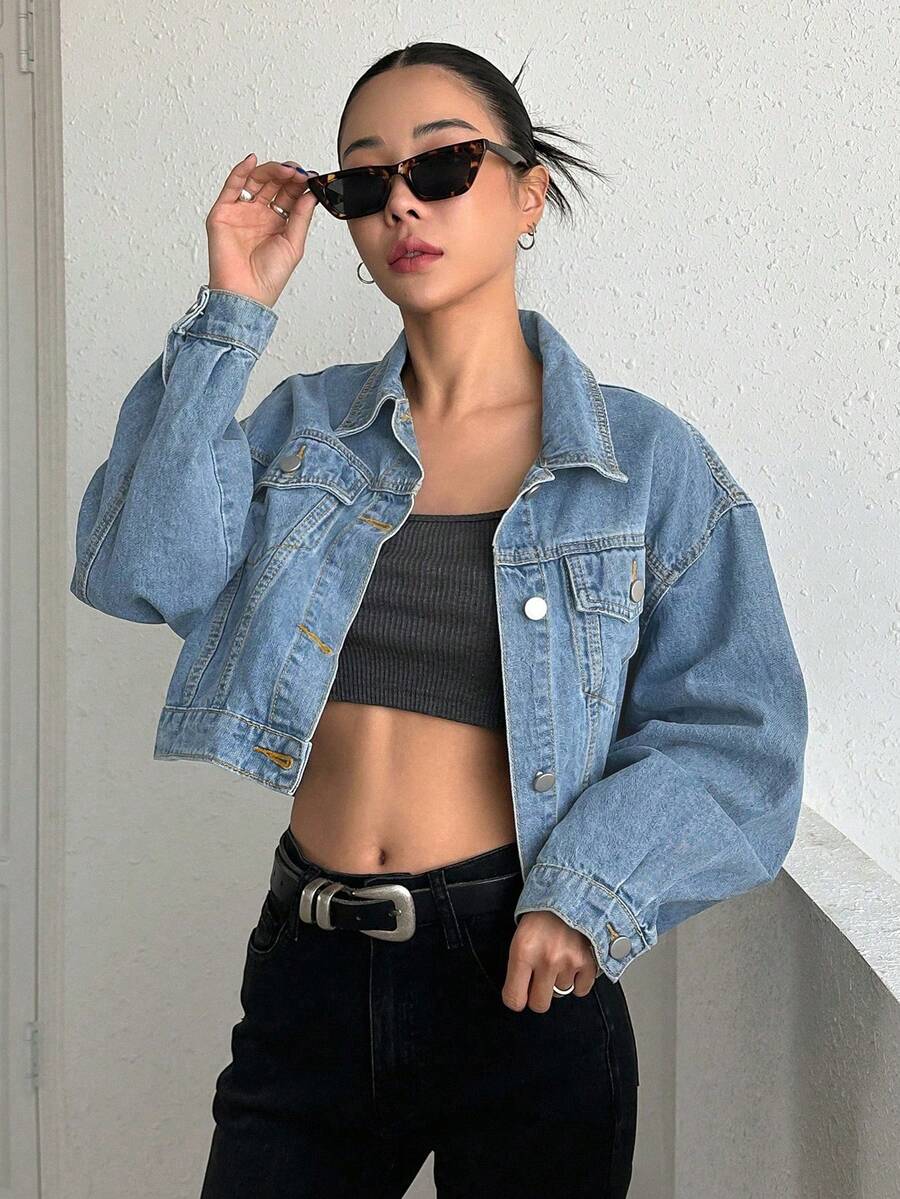 Helena Drop Shoulder Crop Denim Jacket - Medium Wash