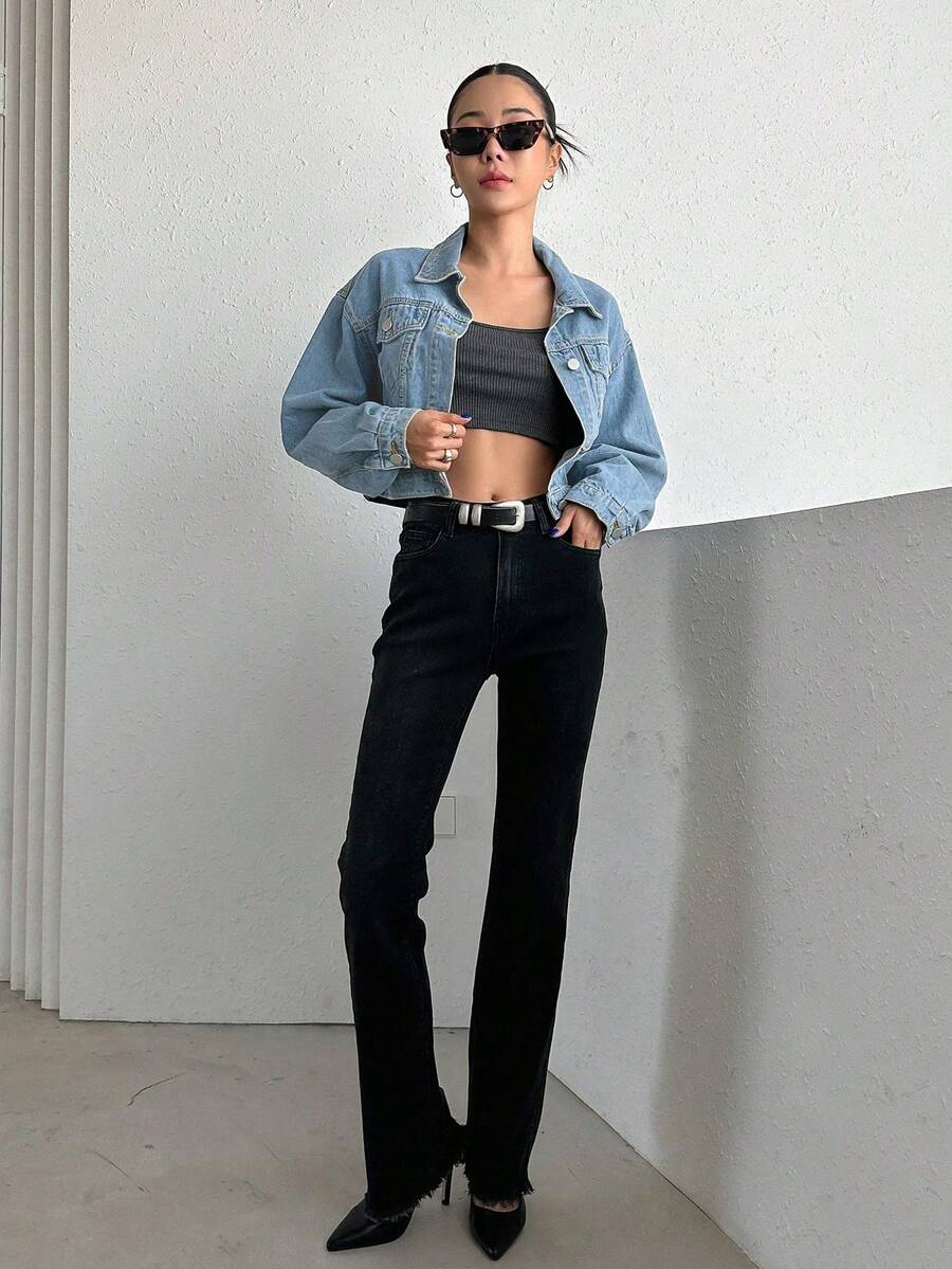Helena Drop Shoulder Crop Denim Jacket - Grey
