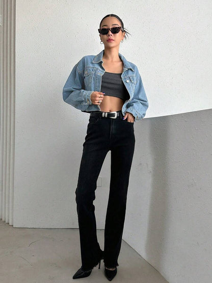 Helena Drop Shoulder Crop Denim Jacket - Grey