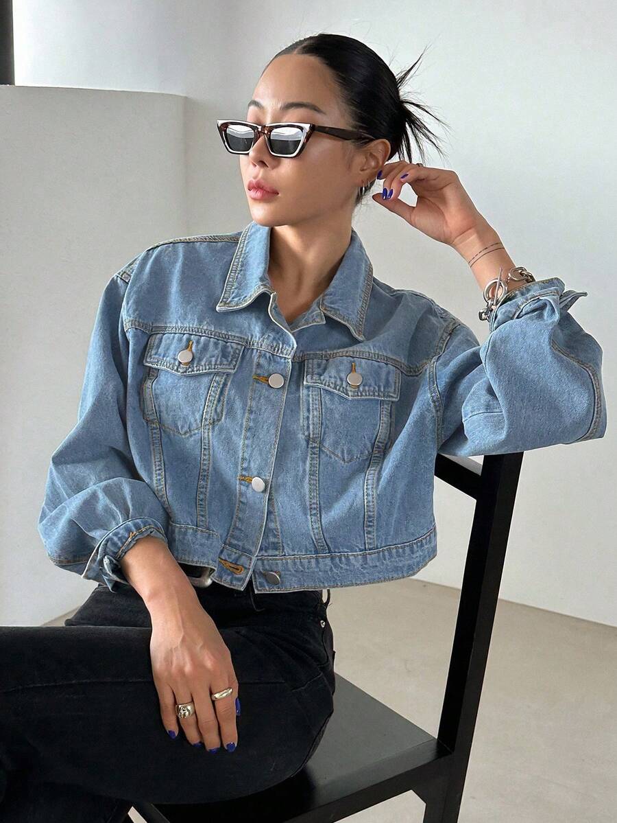 Helena Drop Shoulder Crop Denim Jacket - Dark Wash