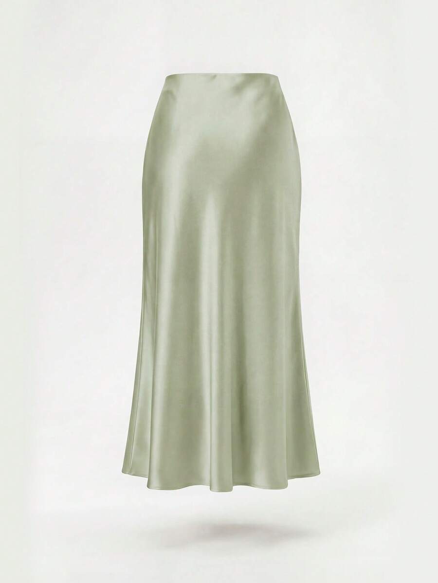 Rosabel Silky Satin Elastic Waist Maxi Slip Skirt - Pale Sage
