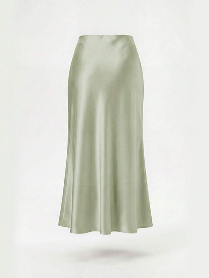 Rosabel Silky Satin Elastic Waist Maxi Slip Skirt - Pale Sage