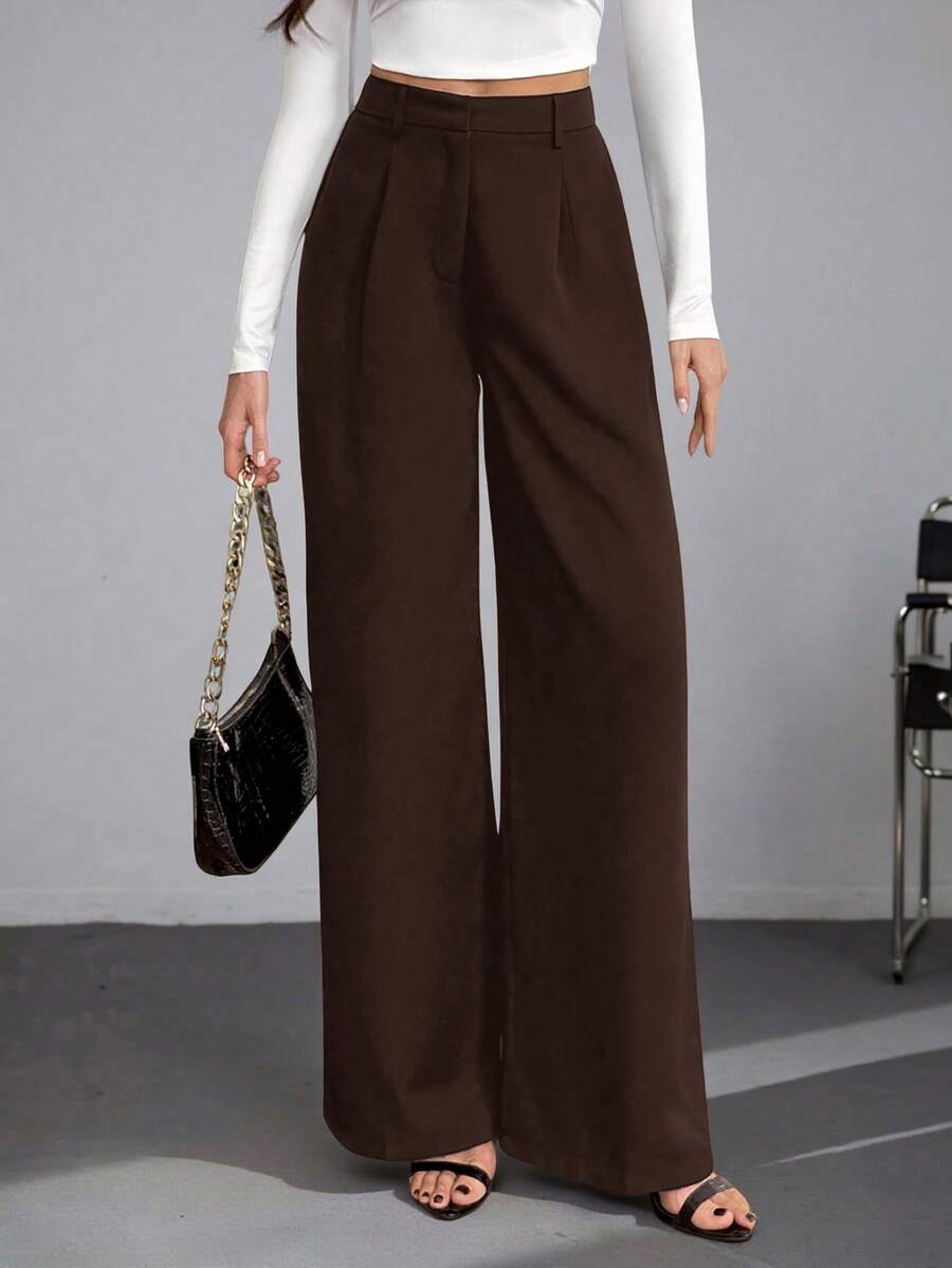 Isla High Waisted Wide Leg Pants with Pleated Front - Chocolate Brown