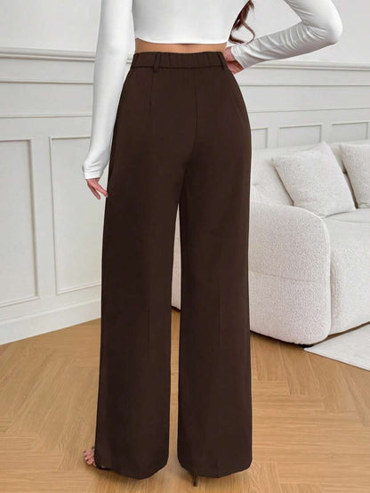 Isla High Waisted Wide Leg Pants with Pleated Front - Chocolate Brown
