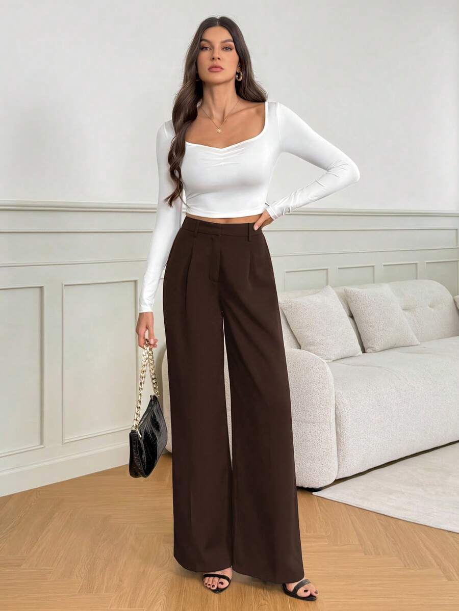Isla High Waisted Wide Leg Pants with Pleated Front - Chocolate Brown
