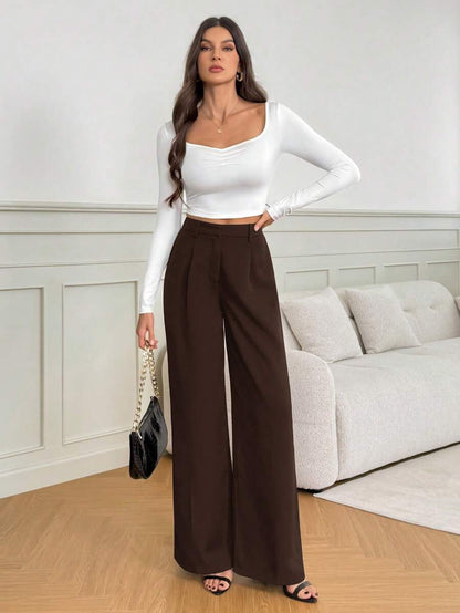Isla High Waisted Wide Leg Pants with Pleated Front - Chocolate Brown
