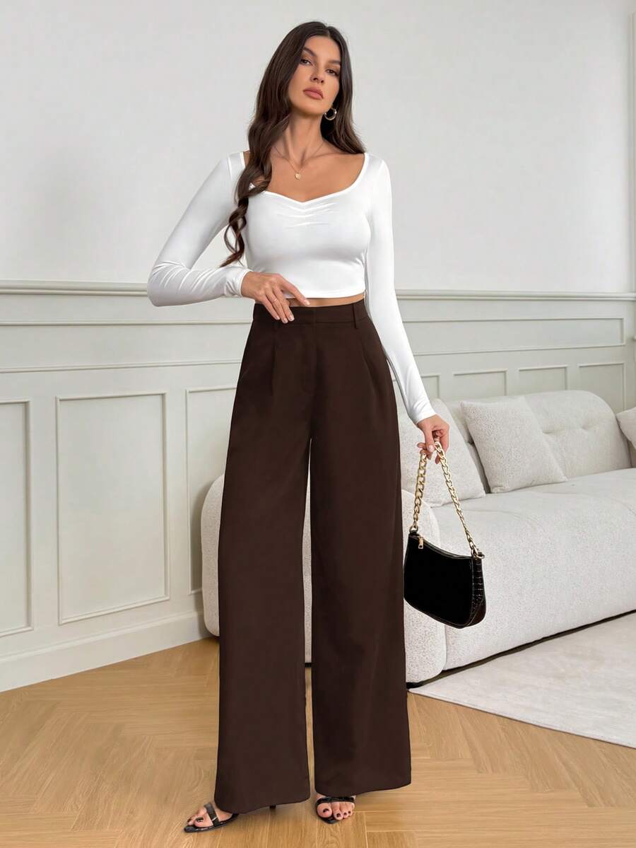 Isla High Waisted Wide Leg Pants with Pleated Front - Chocolate Brown