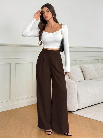 Isla High Waisted Wide Leg Pants with Pleated Front - Chocolate Brown