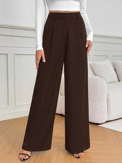 Isla High Waisted Wide Leg Pants with Pleated Front - Chocolate Brown