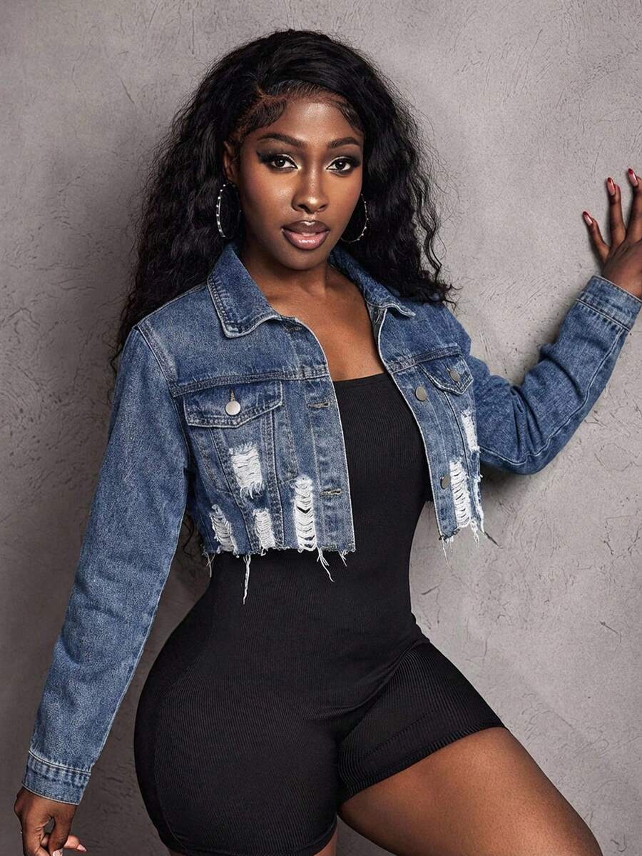 Hazel Distressed Crop Button Denim Jacket - Blue