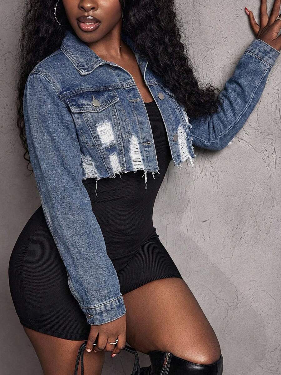 Hazel Distressed Crop Button Denim Jacket - Black