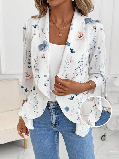 Octavia Waterfall Collar Open Front Asymmetric Hem Knit Blazer - Blue Floral