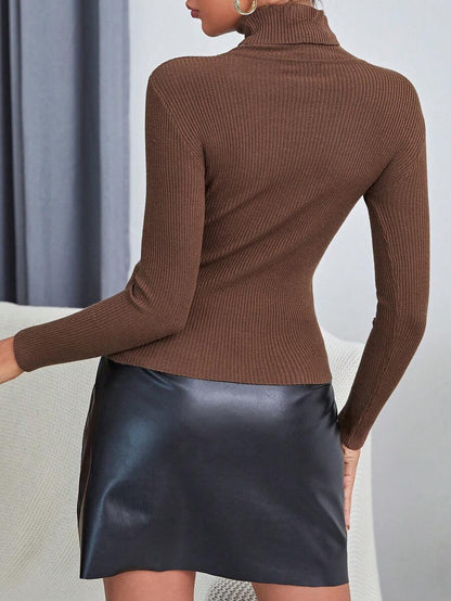 Ingrid Fitted Rib Knit Turtleneck Long Sleeve Pullover Sweater - Chocolate Brown