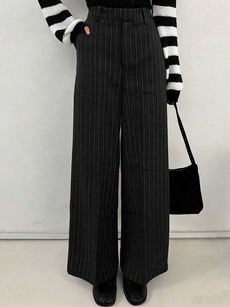 Women's Wide Leg Tailored Trousers, High Waisted Stretch Dress Pants for Work Office - Navy Blue