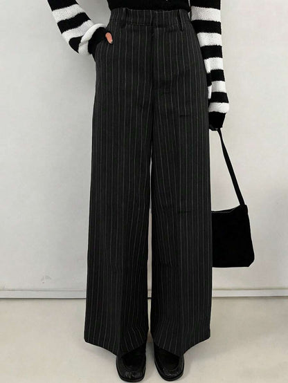 Women's Wide Leg Tailored Trousers, High Waisted Stretch Dress Pants for Work Office - Navy Blue