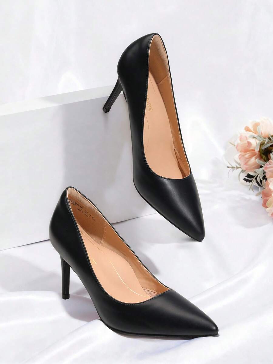 Women's Pointed Toe Stiletto Pumps, 3.35 Inch High Heel Faux Leather Slip On Dress Shoes for Work and Events