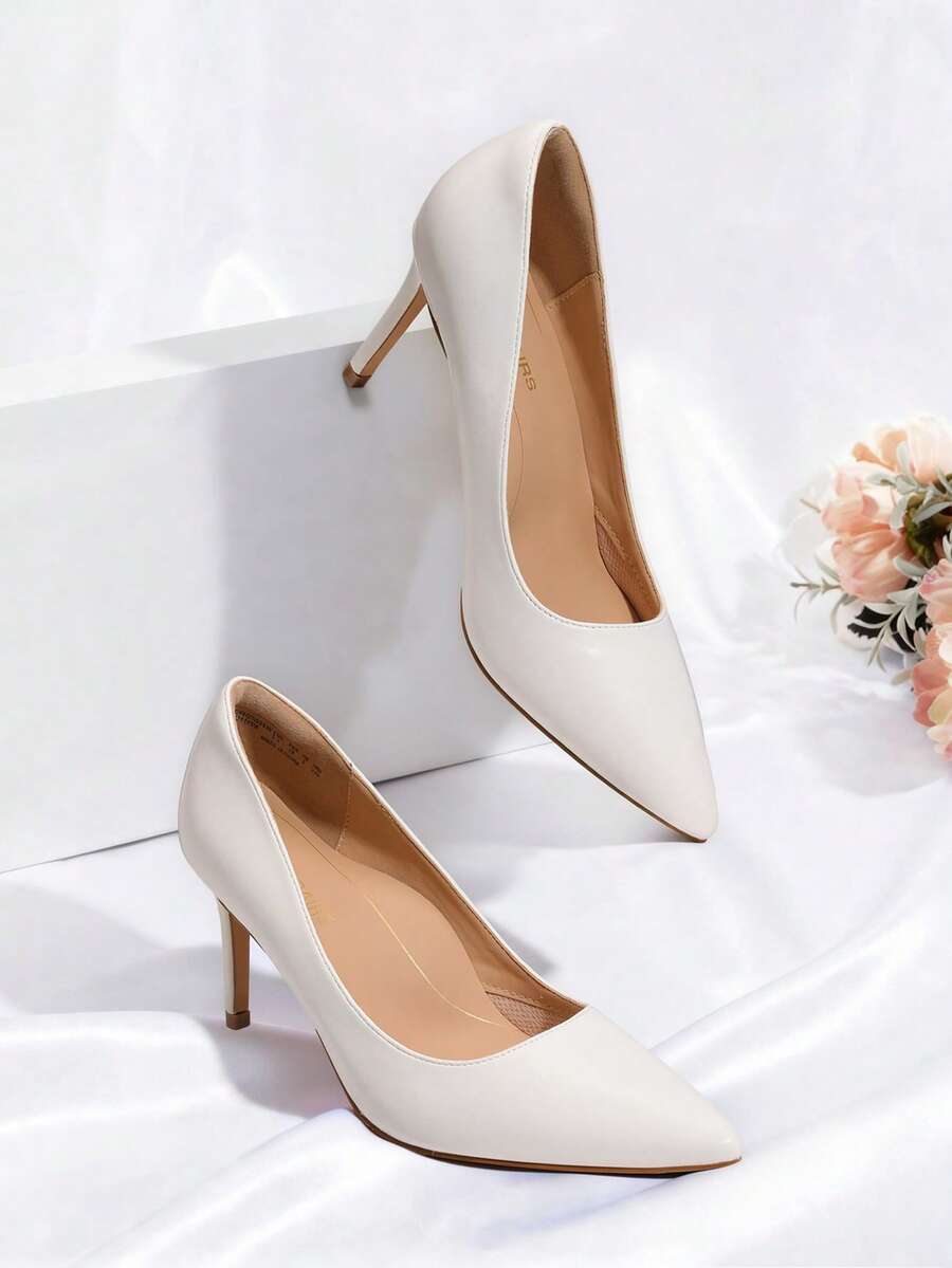 Women's Pointed Toe Stiletto Pumps, 3.35 Inch High Heel Faux Leather Slip On Dress Shoes for Work and Events
