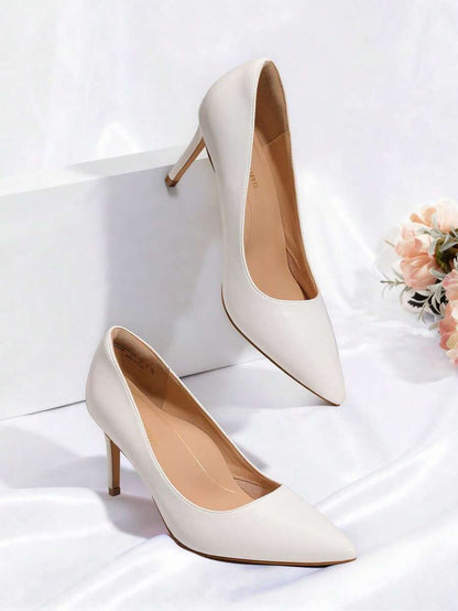 Women's Pointed Toe Stiletto Pumps, 3.35 Inch High Heel Faux Leather Slip On Dress Shoes for Work and Events