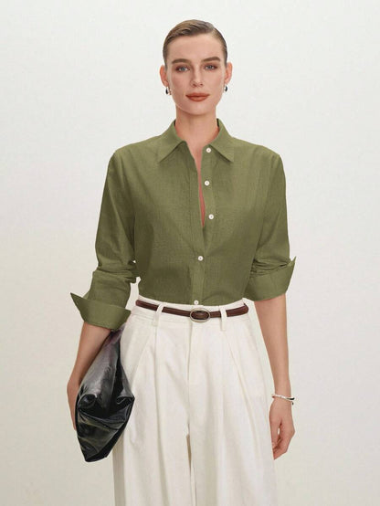 Arabella Classic Collared Button Down Long Sleeve Cotton Shirt - Army Green