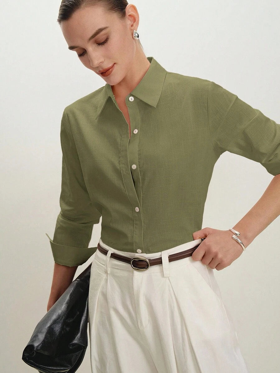 Arabella Classic Collared Button Down Long Sleeve Cotton Shirt - Army Green