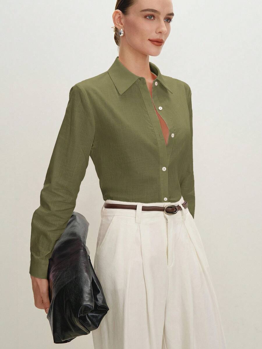 Arabella Classic Collared Button Down Long Sleeve Cotton Shirt - Army Green