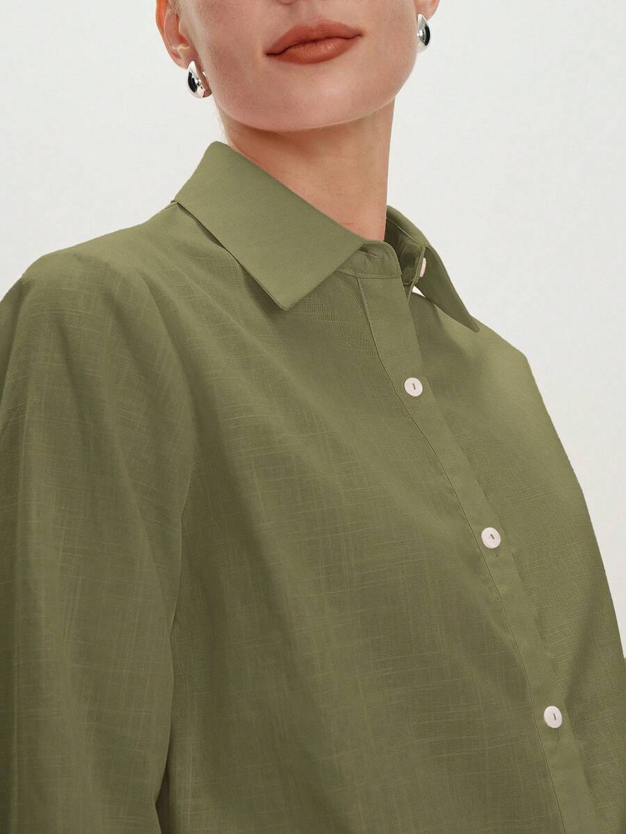Arabella Classic Collared Button Down Long Sleeve Cotton Shirt - Army Green