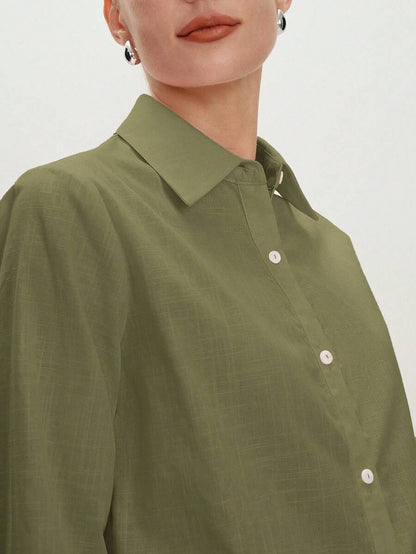 Arabella Classic Collared Button Down Long Sleeve Cotton Shirt - Army Green