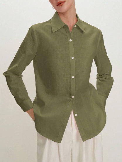 Arabella Classic Collared Button Down Long Sleeve Cotton Shirt - Army Green