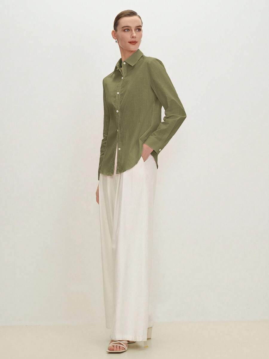 Arabella Classic Collared Button Down Long Sleeve Cotton Shirt - Army Green