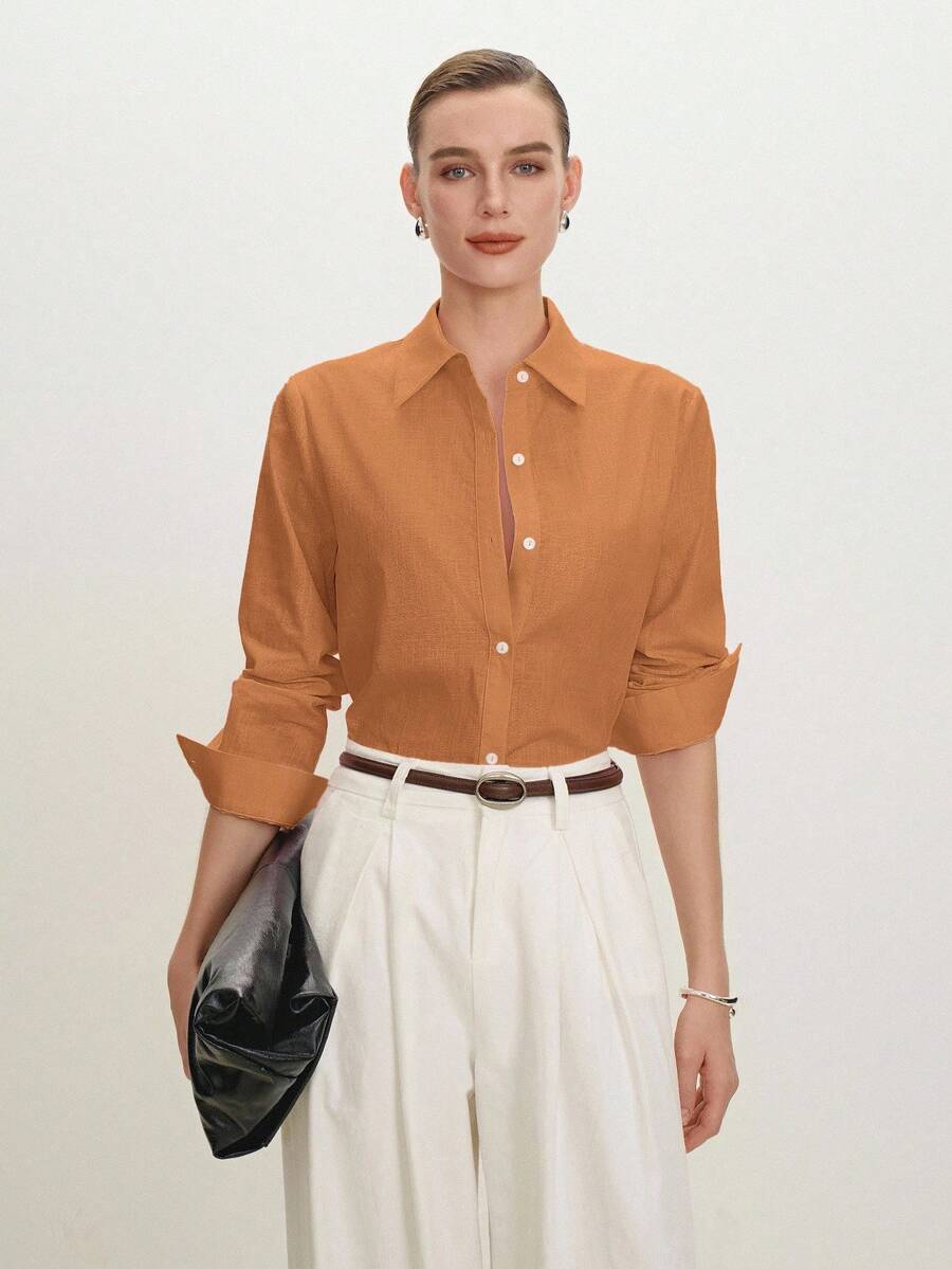 Arabella Classic Collared Button Down Long Sleeve Cotton Shirt - Orange