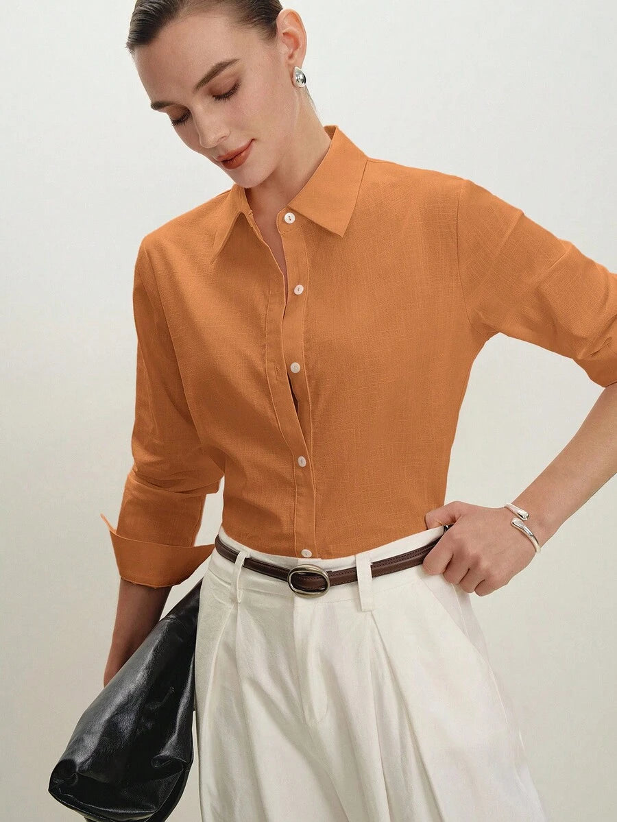 Arabella Classic Collared Button Down Long Sleeve Cotton Shirt - Orange