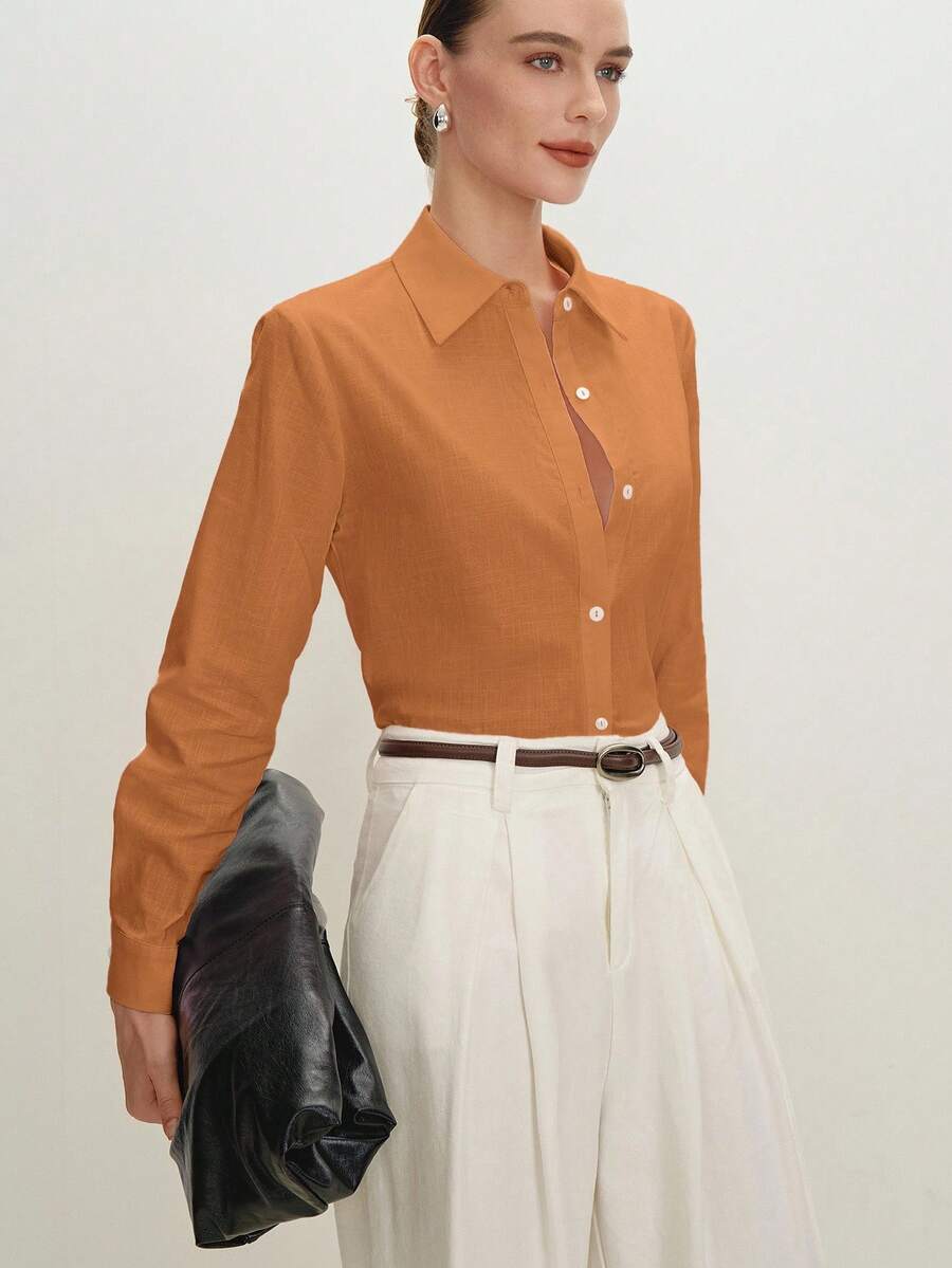 Arabella Classic Collared Button Down Long Sleeve Cotton Shirt - Orange