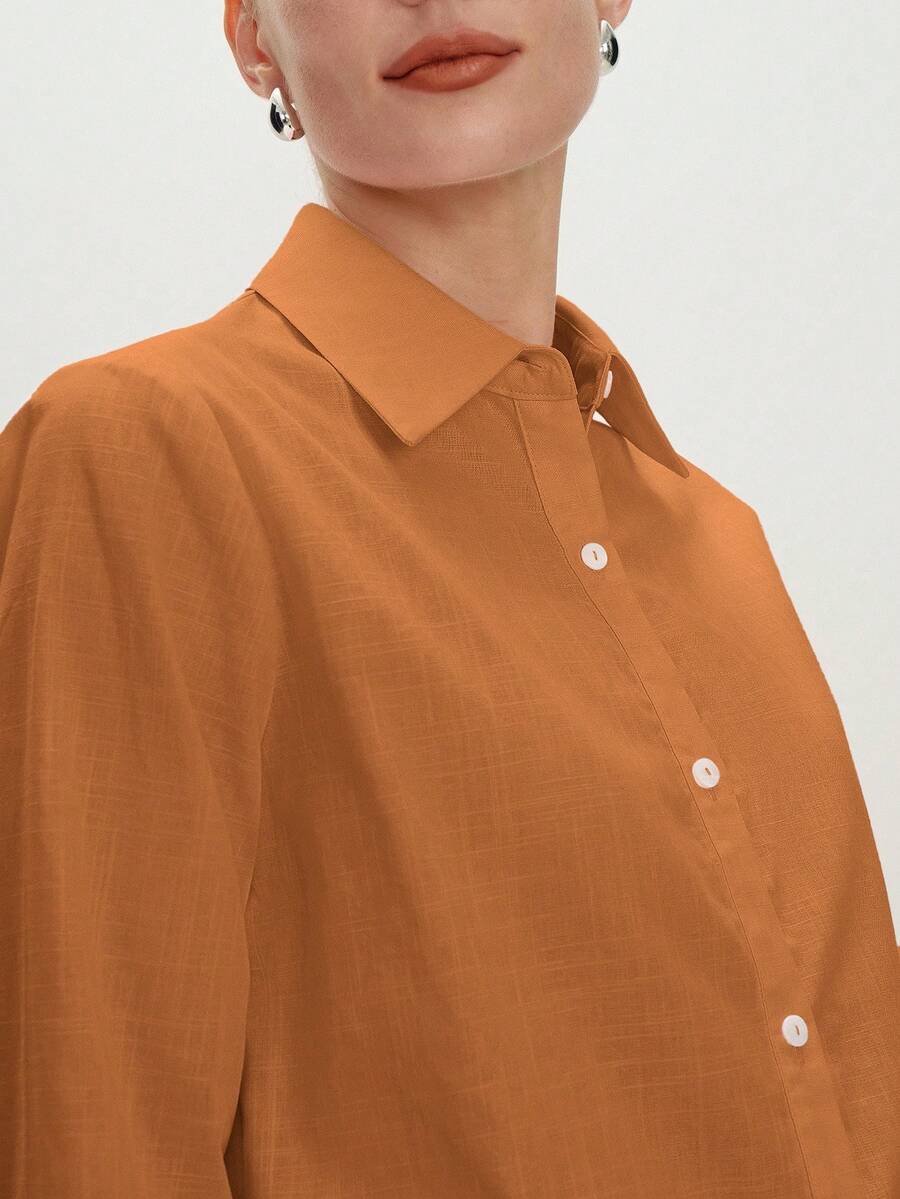 Arabella Classic Collared Button Down Long Sleeve Cotton Shirt - Orange