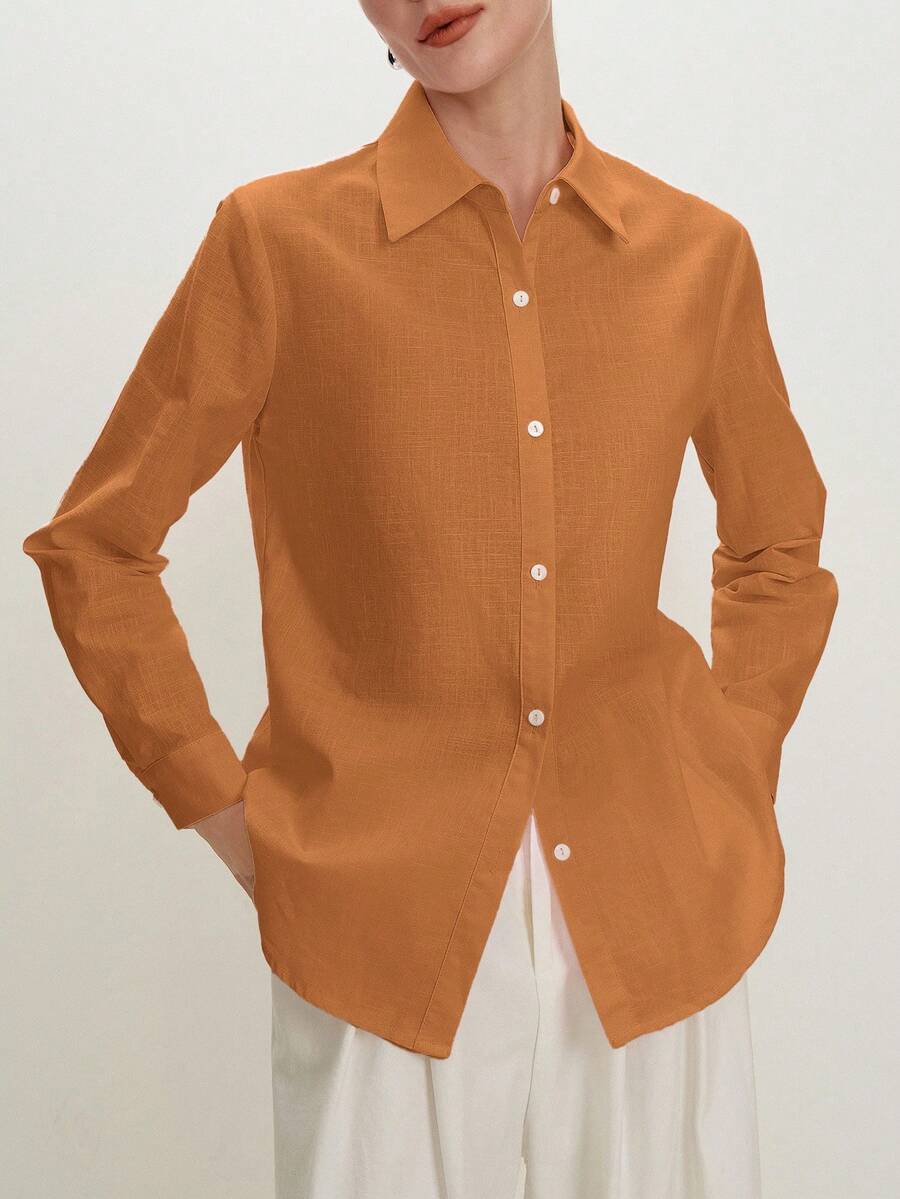 Arabella Classic Collared Button Down Long Sleeve Cotton Shirt - Orange