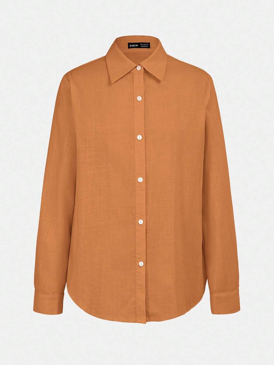 Arabella Classic Collared Button Down Long Sleeve Cotton Shirt - Orange