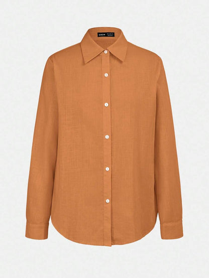 Arabella Classic Collared Button Down Long Sleeve Cotton Shirt - Orange