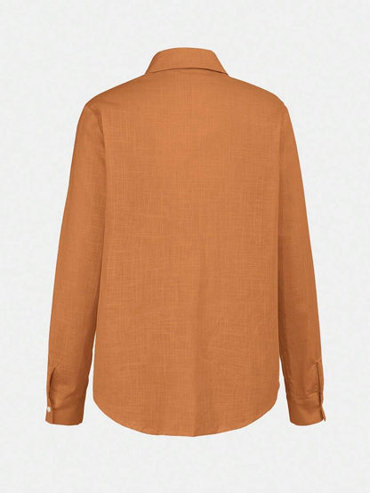 Arabella Classic Collared Button Down Long Sleeve Cotton Shirt - Orange