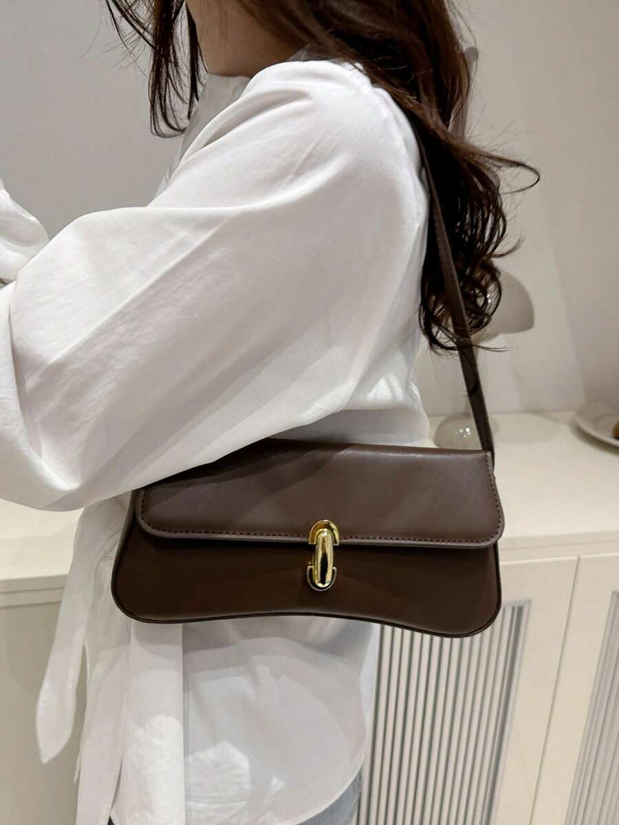Women's Coffee Brown Shoulder Bag Quiet Luxury Metal Decor Small Underarm Purse - Coffee Brown