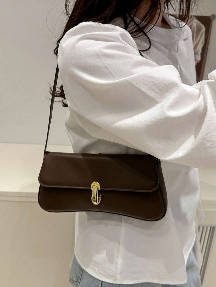 Women's Coffee Brown Shoulder Bag Quiet Luxury Metal Decor Small Underarm Purse - Coffee Brown