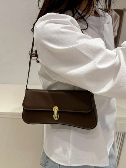 Women's Coffee Brown Shoulder Bag Quiet Luxury Metal Decor Small Underarm Purse - Coffee Brown