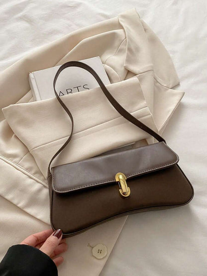 Women's Coffee Brown Shoulder Bag Quiet Luxury Metal Decor Small Underarm Purse - Coffee Brown